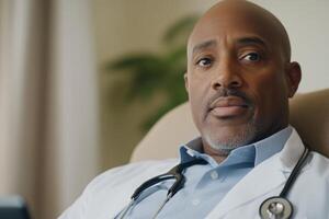 Doctor in a white coat looking thoughtfully at the camera in a well-lit consultation room during a medical appointment photo