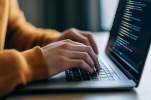 Person coding on a laptop with focused hands in a cozy indoor environment during daytime photo