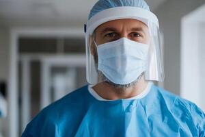 Healthcare worker in protective gear prepares to assist patients in a hospital setting during a busy work shift photo