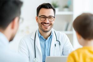 Smiling pediatrician interacts with young patient in a bright clinic setting during a routine checkup photo