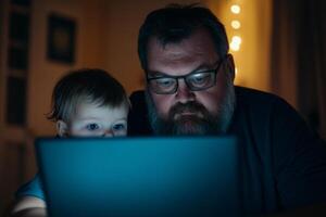 Father and child engaged in quiet moment watching screen in cozy room during evening photo