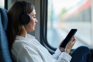 Young woman enjoying music and reading on a tablet while traveling on a train during the day photo