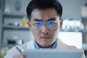 Young scientist in lab conducting research and analyzing data on digital tablet during experiment session photo