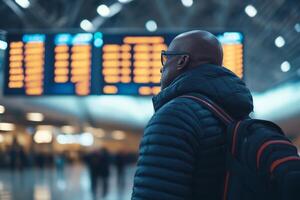 Traveler waits for flight information at an airport terminal during a busy evening photo