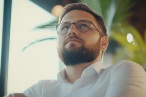 Thoughtful man in glasses gazes upward in a modern cafe surrounded by greenery during the afternoon photo