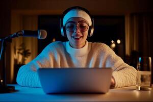 Young woman engages in an online streaming session at night while wearing headphones and a cozy sweater photo