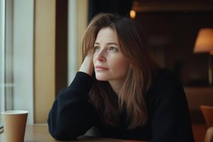 Contemplative woman gazes out window on a quiet afternoon in a cozy cafe photo