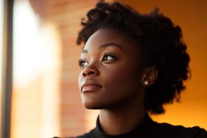 Woman with natural hair gazes thoughtfully out the window in a cozy urban setting during daylight photo