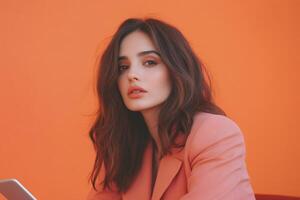 Model poses against a vibrant orange backdrop, showcasing a stylish pink blazer and a confident expression during a creative photoshoot photo