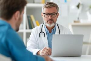 Doctor consults with patient in a modern office setting about health concerns and treatment options photo