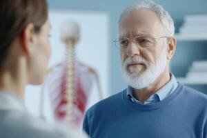 Doctor consults with elderly patient about health concerns in a medical office setting photo