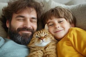 Family bonding time with a child and father cuddling a cat on a cozy sofa at home photo
