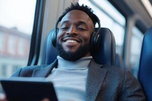 Man enjoying music on a train while using a tablet during afternoon commute photo