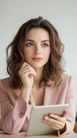 Young woman thoughtfully analyzing information while holding a digital tablet in a modern office setting photo