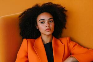 Portrait of a young woman with natural curls dressed in an orange blazer against a bright orange background photo