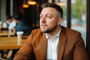 Man in brown jacket reflecting while sitting at a coffee shop during daytime photo