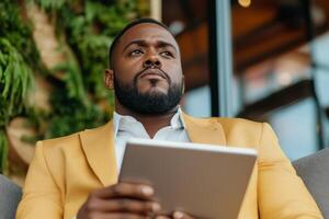 Professional man in yellow blazer engaged in thoughtful reflection while holding a tablet in a modern cafe photo