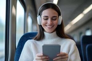 Woman enjoying music on a train while using a digital device during daytime travel photo