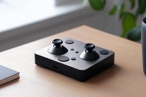 Modern black gaming controller on a wooden desk next to a notebook and coffee cup in a cozy indoor setting photo