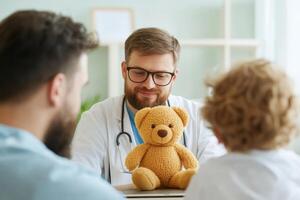 Doctor interacts with a child using a teddy bear during a consultation in a medical office setting photo