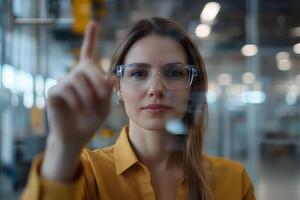 Industrial engineer interacting with advanced technology in a modern factory environment photo