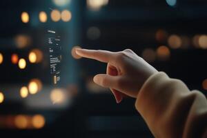 Person interacting with a futuristic touchscreen display in a modern environment at night showcasing advanced technology photo