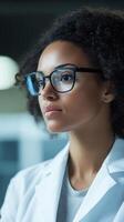 Young scientist in a lab coat focuses on research in a modern laboratory setting photo