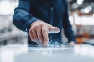 A person is interacting with a holographic interface in a contemporary office environment photo