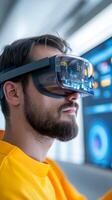 Engaging in virtual reality technology at a modern workspace during daylight hours photo