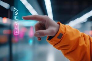 Interaction with futuristic touchscreen display in urban environment photo