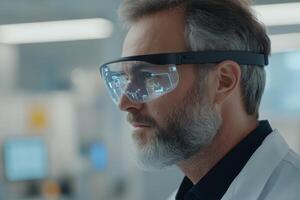 Scientist uses augmented reality glasses in laboratory to analyze complex data and enhance research capabilities photo
