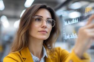 Professional woman analyzing data on a touch screen in a modern office setting during daylight hours photo