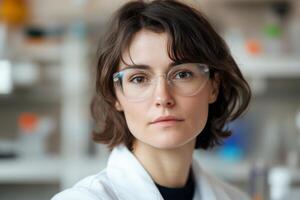 A woman wearing glasses and a lab coat stands in a laboratory filled with scientific equipment, concentrating on her work as the afternoon light filters through the space photo
