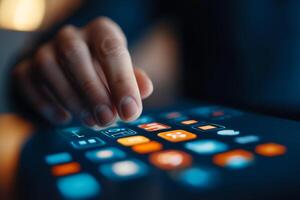 Close up of hand interacting with touchscreen displaying various colorful app icons in a modern setting photo