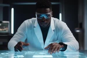 Scientist in lab coat analyzes digital data on holographic display in modern laboratory at night photo