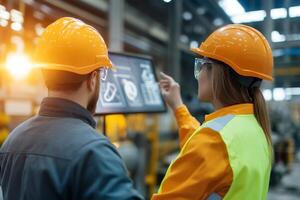 Two workers in orange safety gear review safety protocols on a digital screen in a busy manufacturing facility. The atmosphere is focused on teamwork and compliance photo