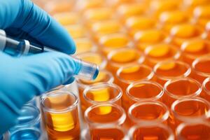 Laboratory technician preparing samples with a syringe in a research facility photo