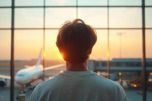 Traveler gazes at sunset through airport window while waiting for departure photo