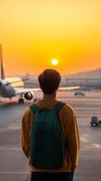 Traveler admires sunset at the airport with planes in the background and backpack on shoulder as day turns to night photo