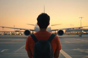 Individual standing at an airport runway during sunset, gazing at an airplane preparing for departure photo