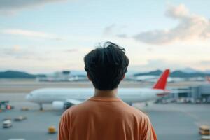 Person admiring aircraft at airport during sunset in a serene travel moment photo