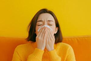 Woman in yellow sweater sneezes while sitting on an orange couch in a bright room during a sunny day photo