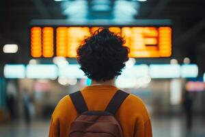 Person in an orange sweater stands in a busy train station looking at departure screens during evening rush hour photo