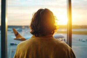 Waiting for departure as the sun sets over the airport runway creating a serene travel atmosphere photo