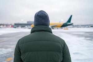Person in winter coat observes airplane at snowy airport during overcast day photo
