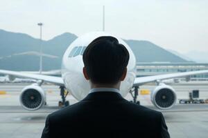 Business traveler views airplane while preparing for a flight at the airport in the early morning hours photo