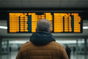 Traveler viewing flight information display at a busy airport during evening hours photo