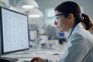 Scientist analyzing complex data in laboratory setting during the day photo