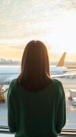 Woman gazes out the airport window at sunrise while waiting for her flight photo