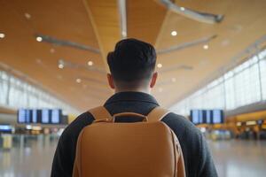 Man with a backpack stands facing a modern airport terminal on a busy travel day photo